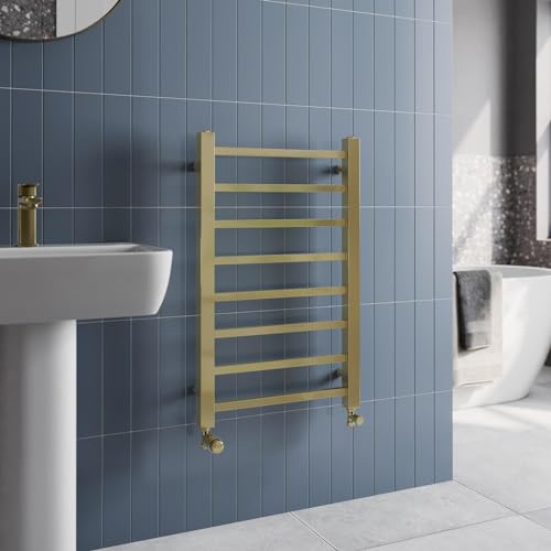 Image of Solaro® 800 x 500mm Square Bar Straight Heated Towel Rail Radiator Modern Central Heating Bathroom Warmer Wall Mounted Ladder Rad, Brushed Brass