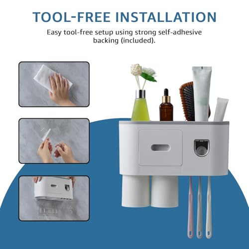 Image of Amazon Basics Toothpaste Dispenser and Toothbrush Holder | Wall-Mounted | 2 Magnetic Cups | Built-in Drawer | White | 27.3L x 10W x 21H cm