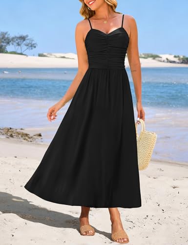 Image of Annebouti Women 2026 Summer Spring Ruched Maxi Dress Adjustable Spaghetti Strap Floral Beach Long Sundress with Pockets