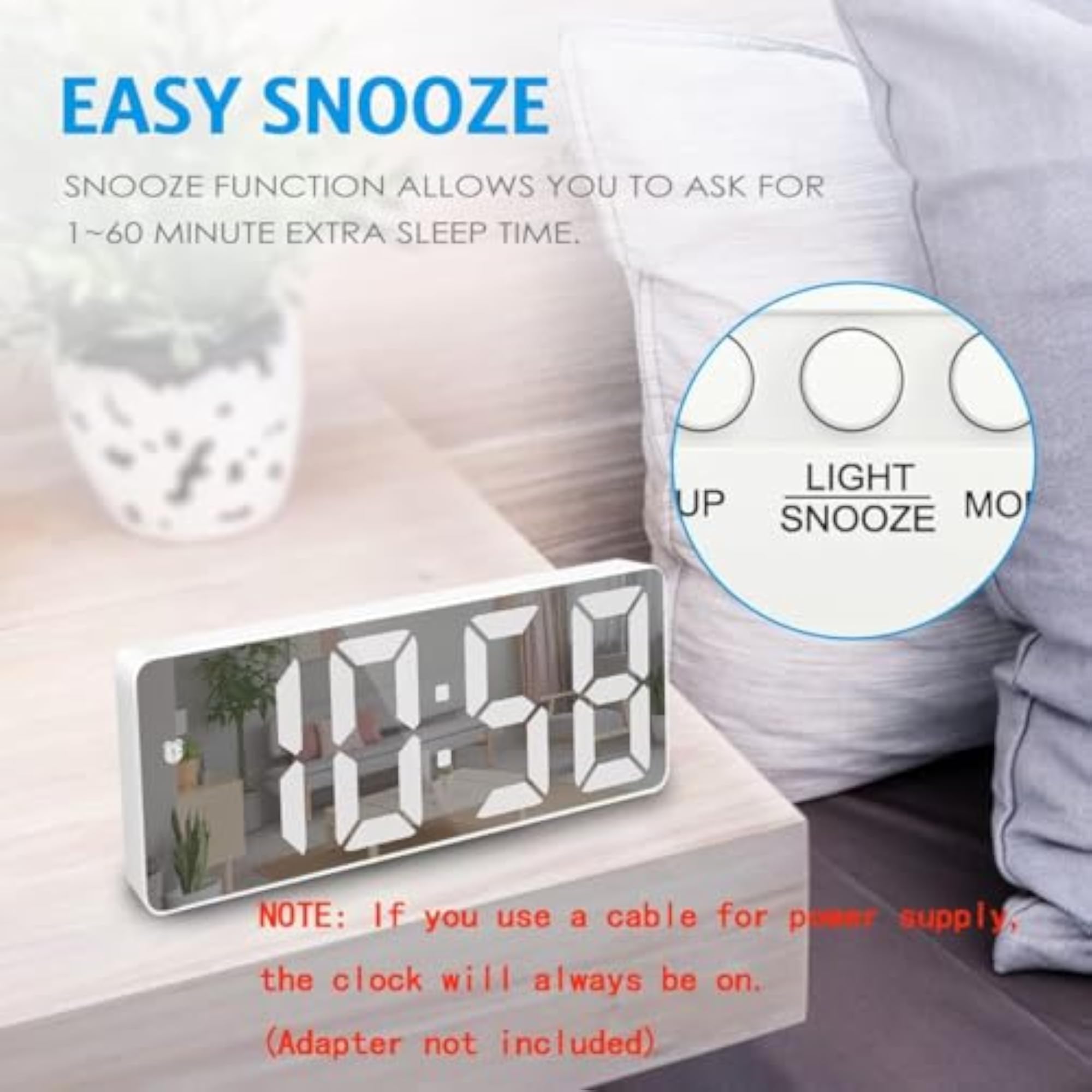 LED Mirror Digital Alarm Clock with Adjustable Brightness