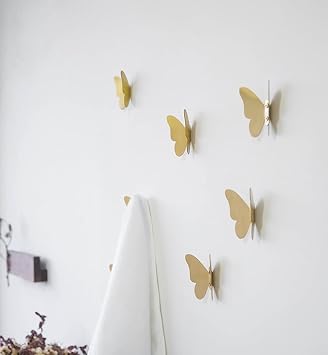 Primst 3 PCS Brass Butterfly Hooks with Screws, Decorative Wall Mounted Hooks Hat Rack Robe Hook for Bathroom Kitchen Entryway (Gold)