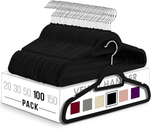 Utopia Home Velvet Hangers 100 Pack – Premium Non-Slip Slim Clothes & Coat Hangers with Tie Bar, Space-Saving Heavy Duty Design, 360° Swivel Hook – Black