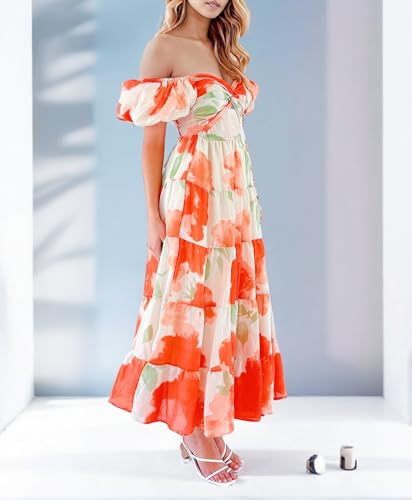 Image of GOLDSTITCH Women's 2026 Boho Floral Maxi Dress Puffy Short Sleeve Cutout V Neck Casual Long Beach Dress