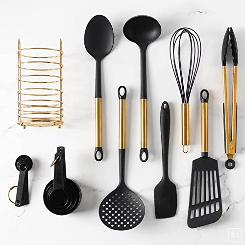 Black And Gold Kitchen Utensils With Stainless Steel Gold Utensil Holder -18 Pc Black And Gold Cooking Utensils Set Includes Black And Gold Measuring Cups And Spoons Set- Gold Kitchen Accessories #TOP1