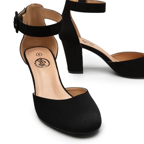 Trary Heels for Women, Low Heel Closed Round Toe Chunky Block Nude Heels Adjustable Ankle Strap Comfy Pumps Shoes Black Heels for Women Versatility Heels Wedding Daily Dressy 2.75" Heels3