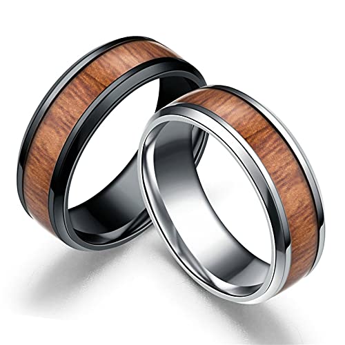Aotiwe Anillos de Boda Set Para Hombre Y Mujer Negro Plata Anillo Patrón de Madera, Acero Inoxidable Anillos Pareja Mujer 25 & Hombre 30