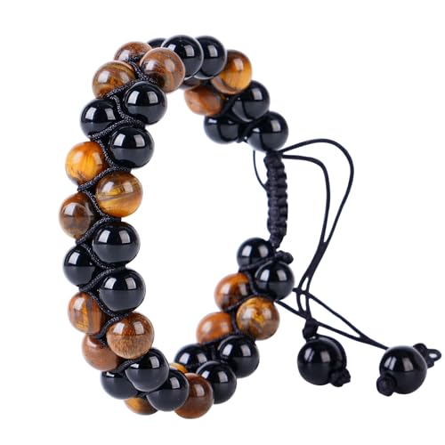 PAKUNDAS Handmade Double Protection Beaded Bracelet for Men Women 8mm Natural Tiger Eye Hematite Stone Adjustable Stretch Crystal Healing Jewelry — view 3