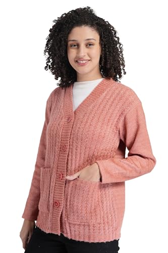 Image of MANRA Women's Woolen V-Neck Buttoned Full Sleeve Cardigan Self Design Soft Wool Fabric Winter Wear Pure Wool Sweater Fully Warm with Front Pockets Stylish Cardigan