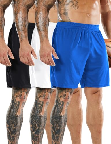 MIER 3-Pack Pocketless Soccer Shorts for Men, Dry Fit Balck/White/Blue, XXL