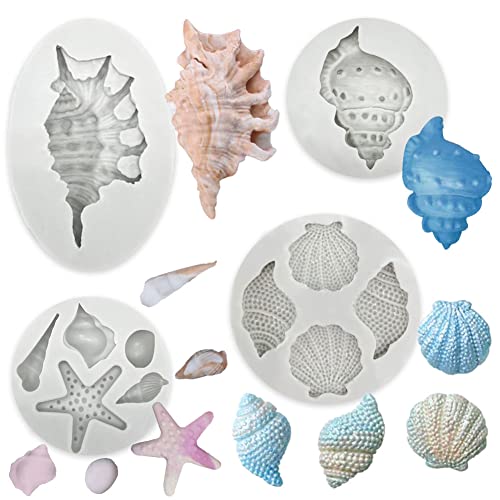 4 Pcs Marine Theme Cake Fondant Silicone Mold Seashell Conch Starfish Baking Molds For Diy Cake Decoration Chocolate Candy Polymer Clay Crafting Projects #TOP23