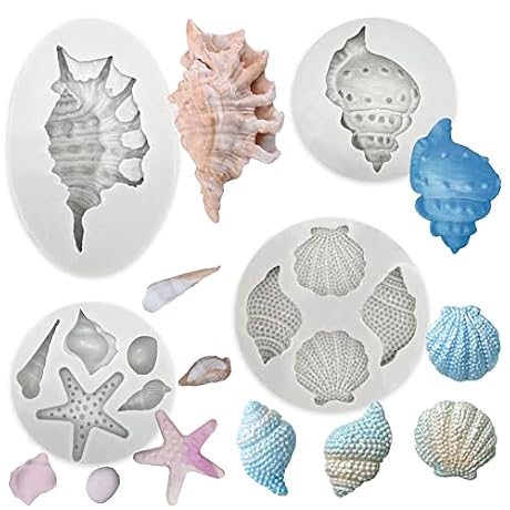 4 PCS Marine Theme Cake Fondant Silicone Mold Seashell Conch Starfish Baking Molds for DIY Cake Decoration Chocolate Candy Polymer Clay Crafting Projects