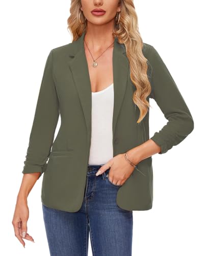 MINTLIMIT Womens Casual 3/4 Sleeve Blazers Jackets Button Front Lapel Collar Blazer Suit Cardigan for Work Office,Army Green,XL4