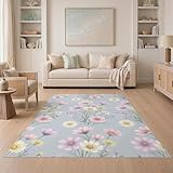 ODIKA 5'x7' Washable Bohemian Daisy Area Rug, Dusty Blue Non-Shedding Pet Friendly Carpet for Small Living Room, Playroom, Bedroom, Easy Care Kids Safe Mat | Ref:2080294