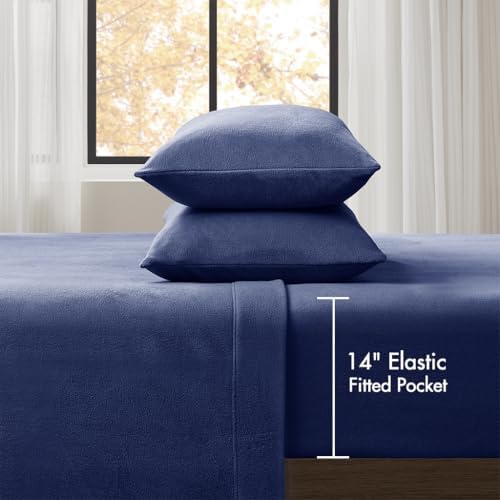True North by Sleep Philosophy Micro Fleece Bed Sheet Set, Warm, Sheets with 14" Deep Pocket, for Cold Season Cozy Sheet-Set, Matching Pillow Case, Twin, Navy, 3 Piece - Thumbnail 4