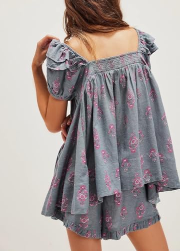 Image of ROAONOCOMO Women Floral Pajama Set Ruffle Puff Sleeve Peplum Shirt Coquette Pj Set Bow Babydoll 2 Piece Shorts Outfit