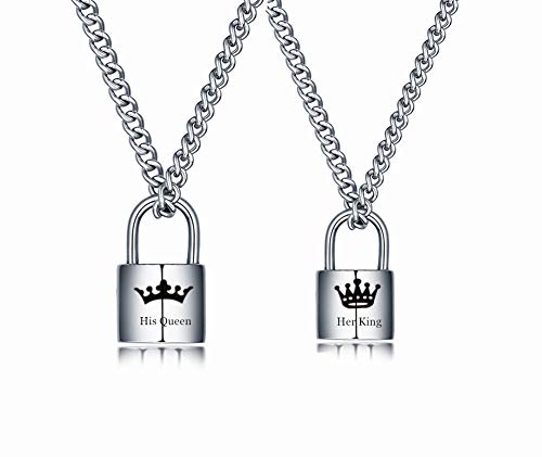 NineJewelry NJ 2Pcs His Queen Her King Lock Necklace Stainless Steel Padlock Charm Love Locks Couple Pendants Kings Queens Promise Necklaces for GF,BF,Wife,Husband,Lover,Pack of 2