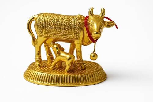 Image of Kamdhenu Cow and Calf Idol for Home Decor | Gold Finish Gau MATA Murti | Vastu Showpiece for Home Temple Pooja Room Office Desk | Spiritual Religious Gift | Housewarming Diwali Decor