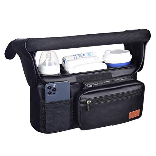 Waterproof Universal Stroller Organizer with Insulated Cup Holders, Lupantte Premium Leather Oil-Resistant Baby Stroller Organizer Fit for Britax, Graco, Baby Jogger, BOB Stroller, etc. Easy to Clean