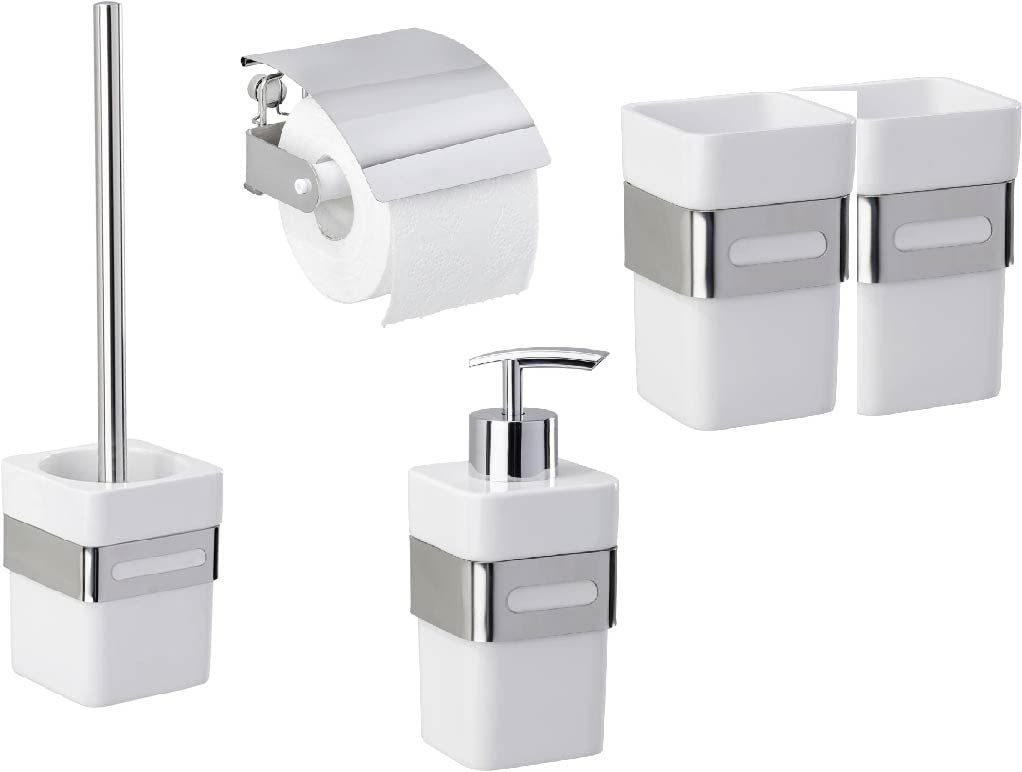 Juego de baño WENKO Premium Plus, compuesto por soporte de papel higiénico, guarnición de inodoro, 2 vasos para cepillos de dientes y dispensador de jabón + juego de cuidado de los pies
