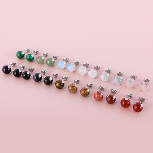 12 Pairs Multi Natural Gemstone Round Bead Ball Stud Earrings Gold Plated Stainless Steel Opal Tiger Eye Rose Quartz Onyx Stone Stud Earrings Set for Women2