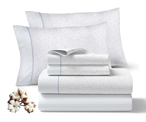 Viuda de Tolra - Juego Sábanas para Primavera y Verano | 100% Algodón 144 Hilos | Incluye Sábana Encimera, Bajera Ajustable y Funda Almohada | Modelo Abrazo | (Azul, Cama 150cm (2 Fundas Almohada))