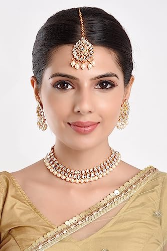 Efulgenz Kundan Necklace Indian Jewelry Kundan Crystal Faux Pearl Necklace Set Bollywood Wedding Choker Necklace Earrings Maang Tikka Bridal Set for Women3