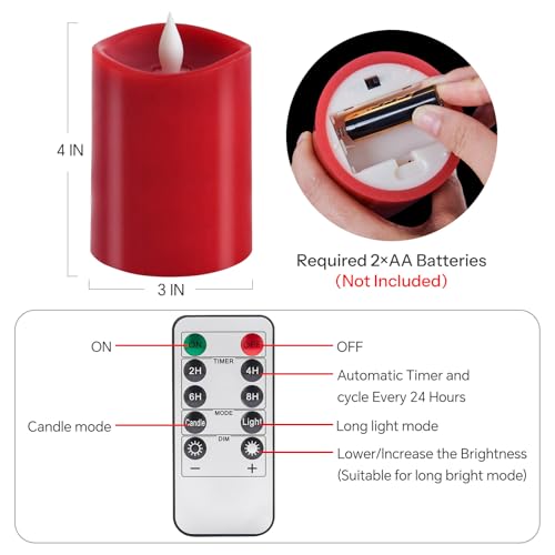 Image of 3x4 Flickering Flameless Candles,Real Wax Pillar led Candles Flickering,with Timer,4 inch Flameless Candles with Remote,for Party Wedding Holiday Home Decor,Red
