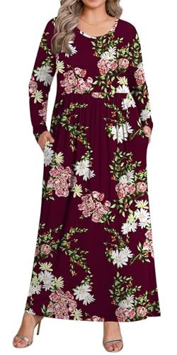 BISHUIGE 2026 Women's Plus Size Maxi Dresses Long Sleeve Casual Long Dress for Curvy Women Fall with Pockets XL-6XL 2XL, Floral Wine