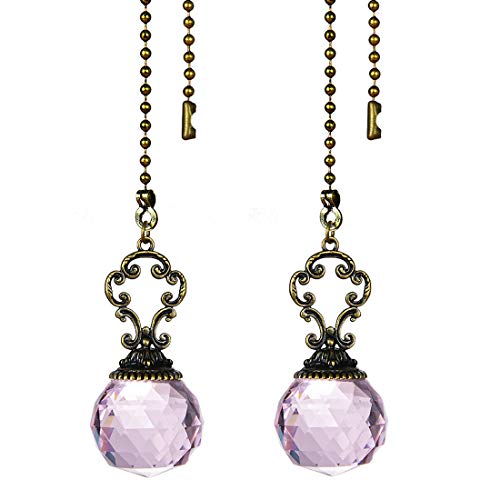 Image of Set of 2 Vintage-Style Pink Fan Pull Ceiling Fan Chain Pulls Crystal Prism Ball 12inch Chains for Home Decor