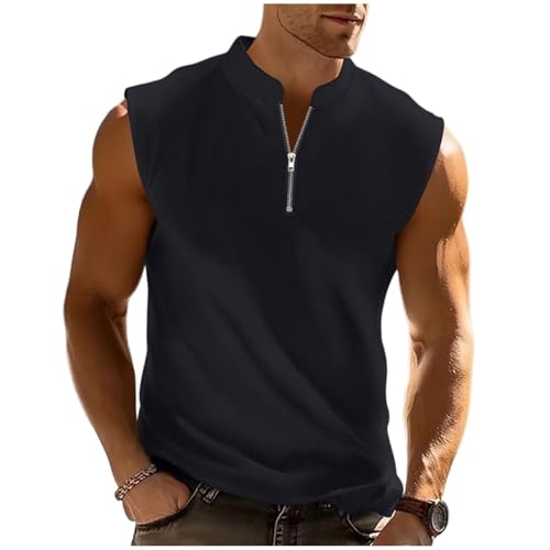 Sleeveless Henley Shirts Button Down Half Open Stand Collar