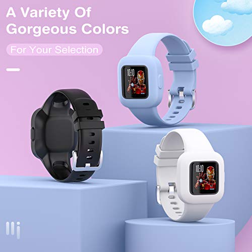TiMOVO Correa de Reloj Compatible con Garmin Vivofit jr 3, [4 pcs] Banda de Reloj Respirable y Reemplazable, Pulsera Ajustable de Silicona para Niños - Rojo & Negro & Blanco & Azul Aciano