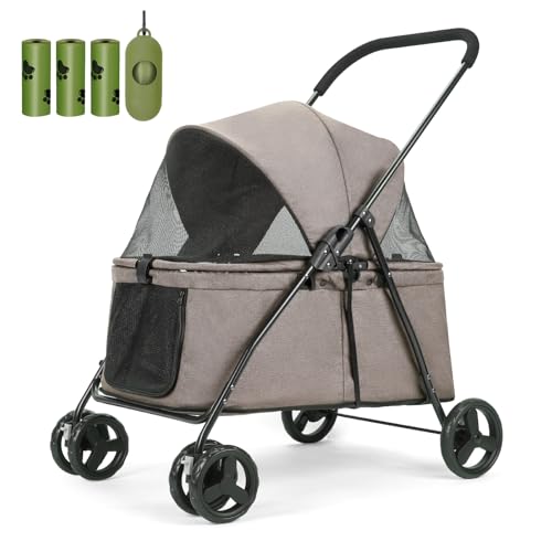 20% Larger Capacity, Wedyvko Dog Stroller for Medium/Small Pets w/Dog Poop Bags & Dispenser, Storage Pouch, Zipperless, Entry in/Out Easy (Coffee)