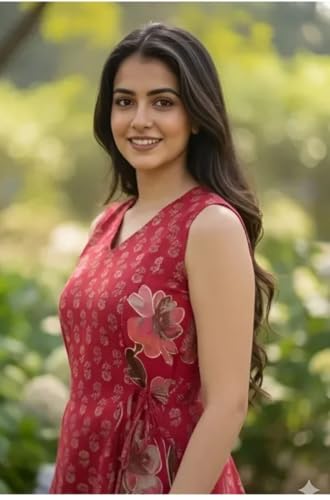 Image of Women's Red Floral Printed Sleeveless V-Neck Peplum Top, Casual Wear
