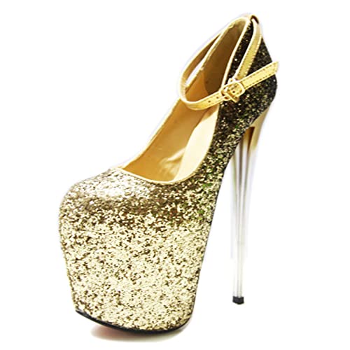 YHTootW Ultra-High Stiletto 19CM Gradient Shallow Mouth Sequins Nightclub Women's Shoes Fake Mother Sexy Large Size