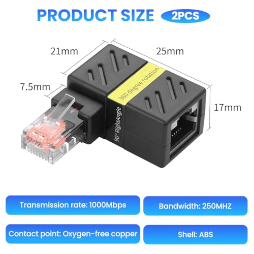 Image of ZORBES 2Pcs RJ45 Rotatable Ethernet Adapters, RJ45 Male to Female 1000Mbps Network Adapter, 90 /180 Swivel Design, Universal Compatible with CAT6 / CAT5E / CAT5, Supports 250MHz Bandwidth