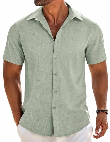 COOFANDY Mens Button Down Shirt Short Sleeve Casual Shirts Beach Summer Linen Shirts Wedding Vacation Shirt
