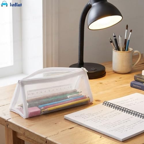 Image of FunBlast Mesh Pencil Case with Smooth Zipper, Single Layer Multi-Purpose Stationary & Pen Pouch for Boys & Girls, Transparent Stationary Bag, Organizer Pouch for Student (White-C)