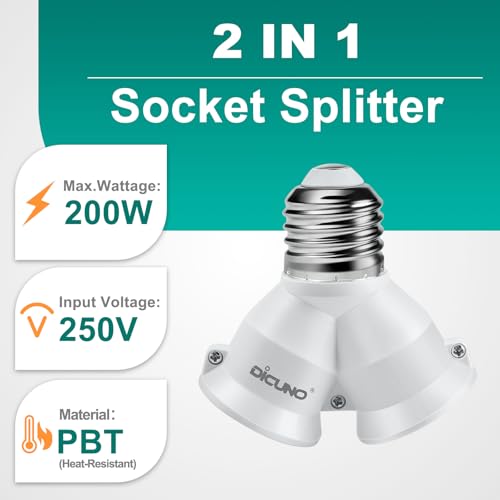 Image of DiCUNO 2 in 1 E26 Socket Splitter Adapter, Two E26 Standard Midbase Bulbs Y Shape Lamp Holder Converter in One Socket, Maximum 200W