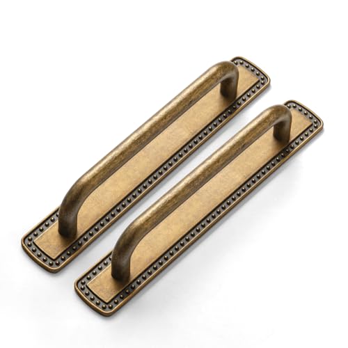 Deuschwer 2 Pack Antique Brass Cabinet Pulls with Backplate, Solid Zinc Alloy 5'' Hole Centers Drawer Handles, Vintage Style Hardware for Bedroom, Kitchen Cupboard