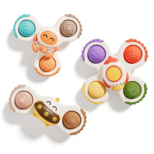 ALASOU 3PCS Pop Suction Cup Spinner Sensory Airplane Travel Toys for 1 Year Old Boy Girl Infant Toddlers|Novelty Spinning Tops 12 18 Months|1 2 Year Old Boy Birthday Gift|Baby Bath Toy Kids Ages 1-3