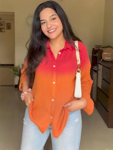 Image of Maaesa Women Handmade Ombre Tie & Dye Rayon Shirt | Relaxed Fit | Lightweight Breathable | Long Sleeve Button-Down | Classic Collar | Casual & Office Wear