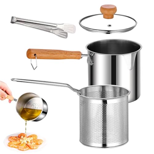 Olla freidora, olla de acero inoxidable, sartén con mango de madera, sartén de profundo, olla para cocina, camping, pescado, camarones, pollo, se adapta a todas las estufas