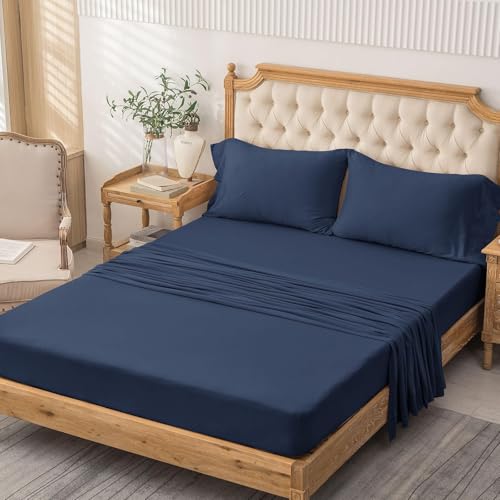 PURE ERA Jersey Knit 4pc Bed Sheet Set 100% T-Shirt Cotton Super Soft Comfy Breathable Fits Mattress Up to 20" Extra Deep Pocket (Solid Navy Blue, King)