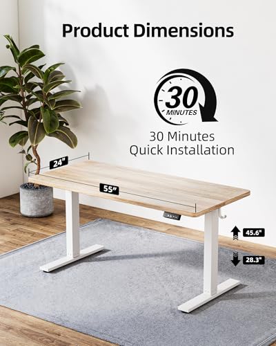 Image of TIQLAB Height Adjustable Electric Standing Desk, 55 x 24 inch, Sit Stand Up Desk, Splice Board, Computer Home Office Desk, White Frame /Maple Top