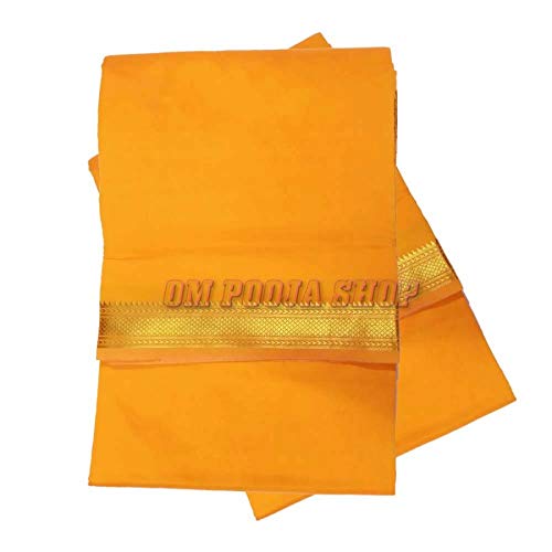 om pooja shop Orange Color Dhoti With Angavastram - Pure Silk and Golden Bord-picture-22