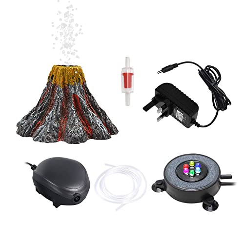YWNYT Aquarium Volcano Bubble Ornament Kit, Fish Tank Air Bubbler Stone with Air Pump, Aquarium Light with 6 LEDs,...