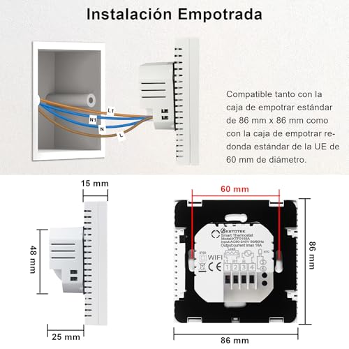 Miniatura 5 de Ketotek Wifi Termostato Calefaccion Suelo Radiante Electrico 16a Alexa Google Assistant Compatible Con Sonda, Inteligente Termostato Ambiente Programable 220v Tuya Smart Life App Control Blanco