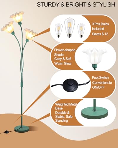 Image of Lightdot Flower Floor Lamp for Living Room Modern Tree Floor Lamp with DIY Branch Goosenecks, Green 3-Light Standing Lamp with Bulb&b5Lbs Heavy Base for Bedroom /Kids Room /Sofa Beside /Corner Decor