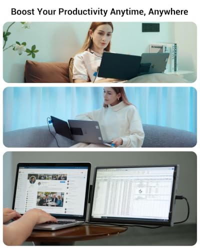Image of Laptop Extended Monitor Portable, Dual Laptop Screen Extender 14 inch FHD IPS | 360 Rotation, Adjustable Stand, 1.36lbs Ultra-Slim Lightweight,Plug & Play, Mini HDMI /USB Type-C, Windows /Mac /Android