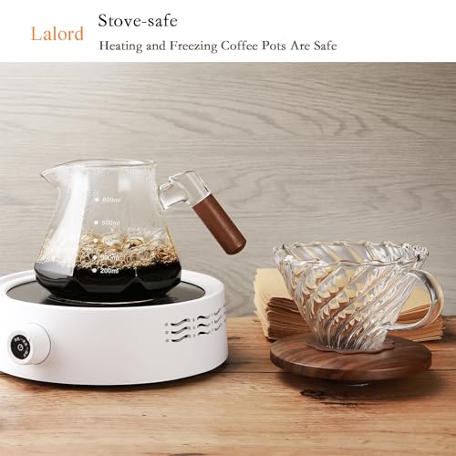 Image of Lalord Pour Over Coffee Maker, 20 oz Borosilicate Glass Set with 100 pcs V60 Paper Filter, Coffee Dripper with Walnut Collar, Carafe with Glass Lid, 1-3 Cups, Clear, (600 ml)